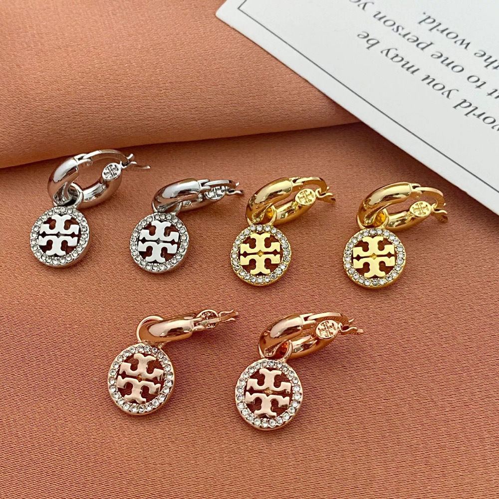 Tory Burch Hollow Letter Circle Earrings Inlaid Metal
